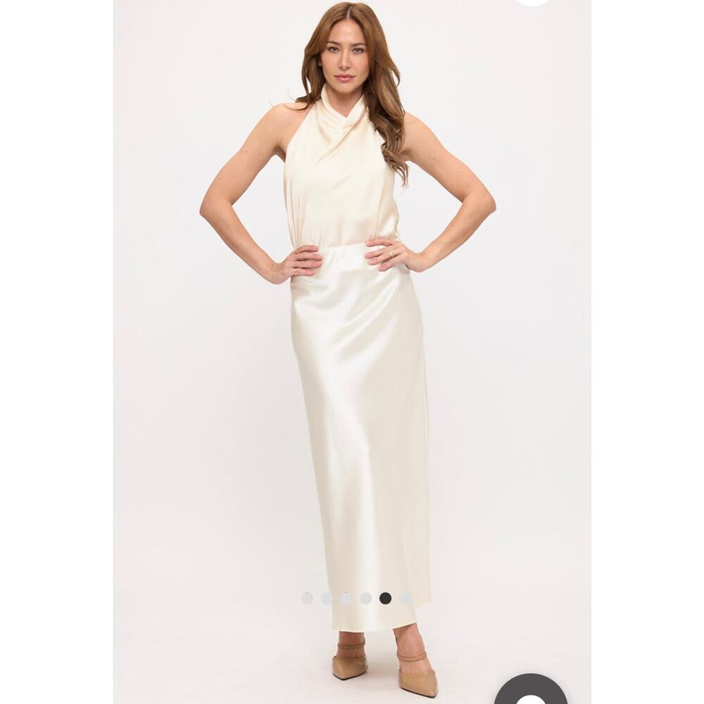 Renee C Ivory Satin Maxi Skirt | Minimalist Chic Slip Skirt | Old Money Size S